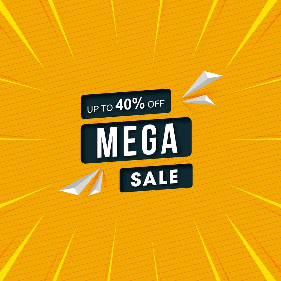 Mega Sale Poster Design with 40 Discount Offer and 3D Geometric Elements on Yellow Strip Background for Advertising Concept. vector