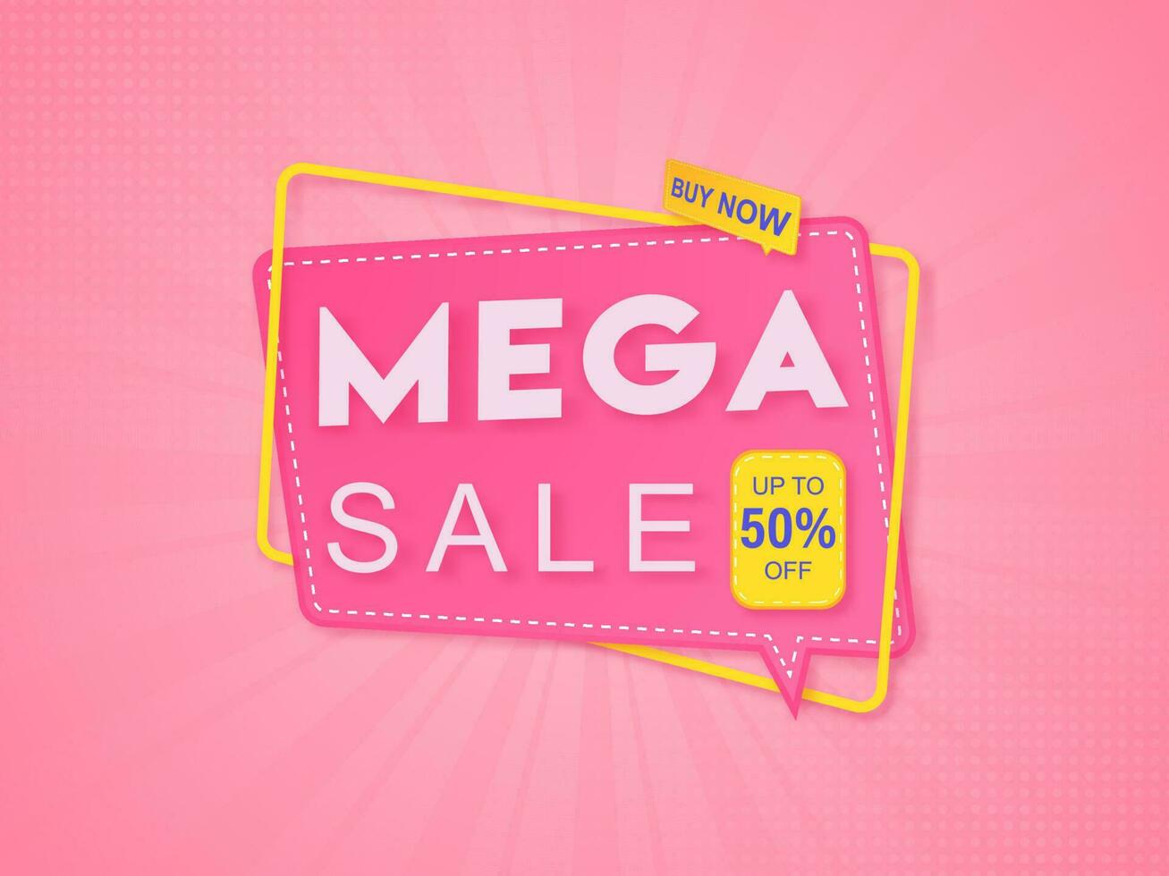 Up To 50 Discount Offer for Mega Sale Sticker or Label on Pink Rays Halftone Effect Background. vector