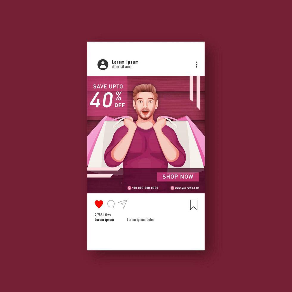 Sale mobile ui kit or flyer design with 40 discount offer and young man holding shopping bag. vector