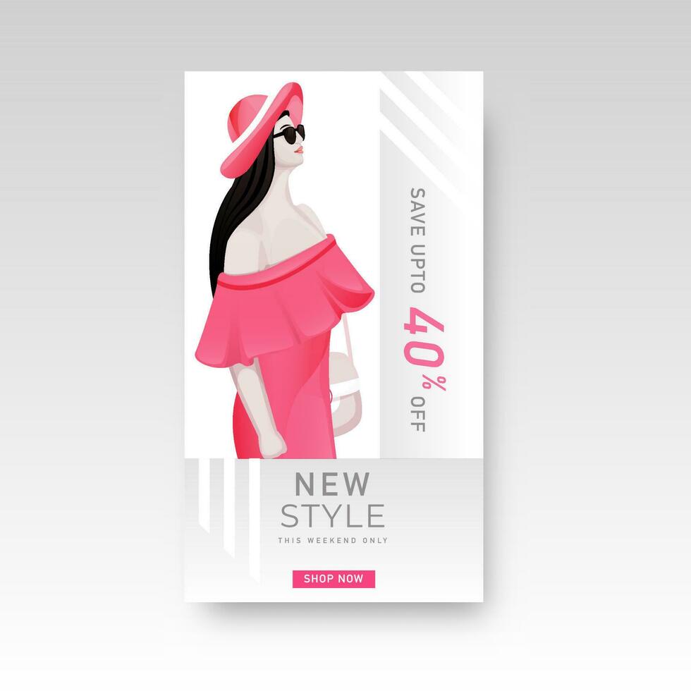 New Style Sale template or flyer design with 40 discount offer and modern young girl character on white and grey background. vector