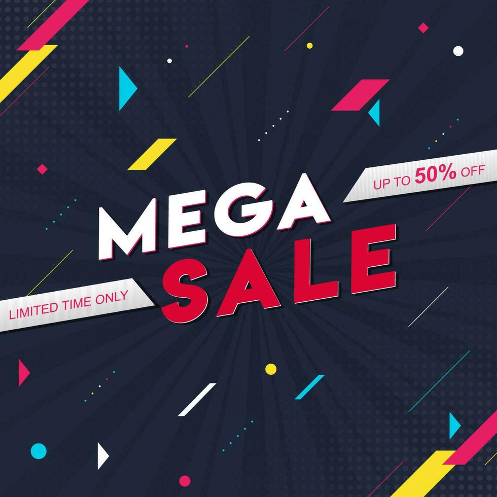 Flat Style Poster Design with 50 Discount Offer and Geometric Elements Decorated on Blue Rays Background for Mega Sale. vector