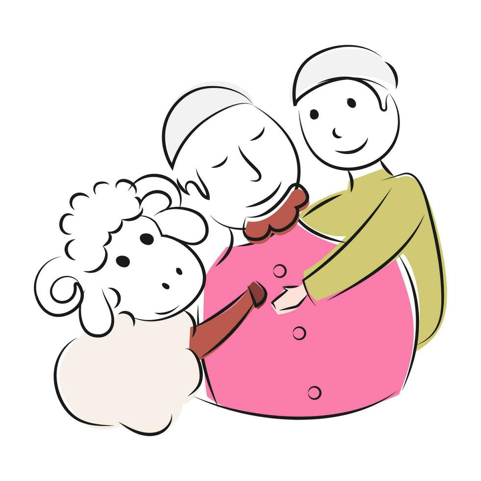 Flat style muslim man with his son and animal sheep character on white background. Can be used as greeting card design. vector