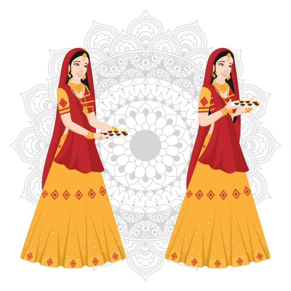 Beautiful women holding plate of oil lamp on mandala pattern background. vector
