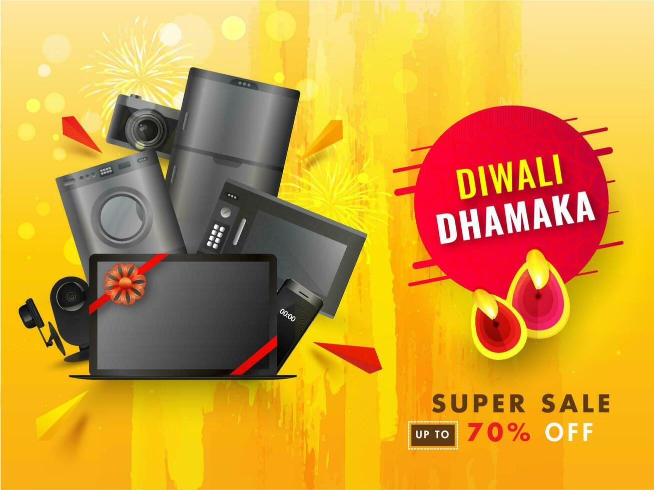 Home appliance electronic sale banner or poster design with illuminated oil lamp and 70 discount offer on abstract background for Diwali Dhamaka. vector