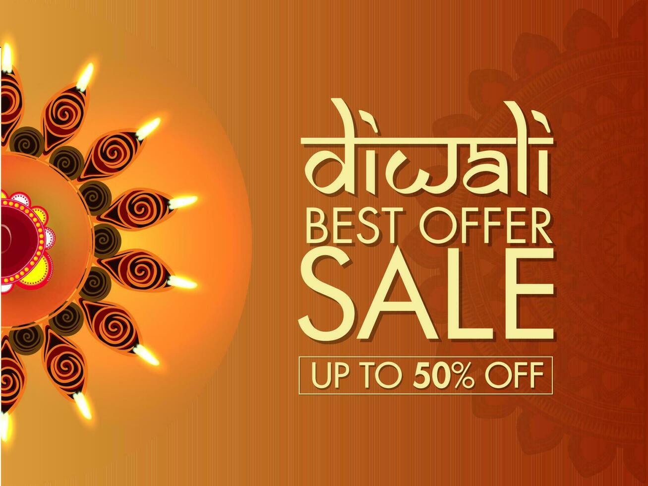 diwali rebaja bandera o póster diseño con 50 descuento oferta y parte superior ver de rangoli decorado por iluminado petróleo lámpara en marrón antecedentes. vector