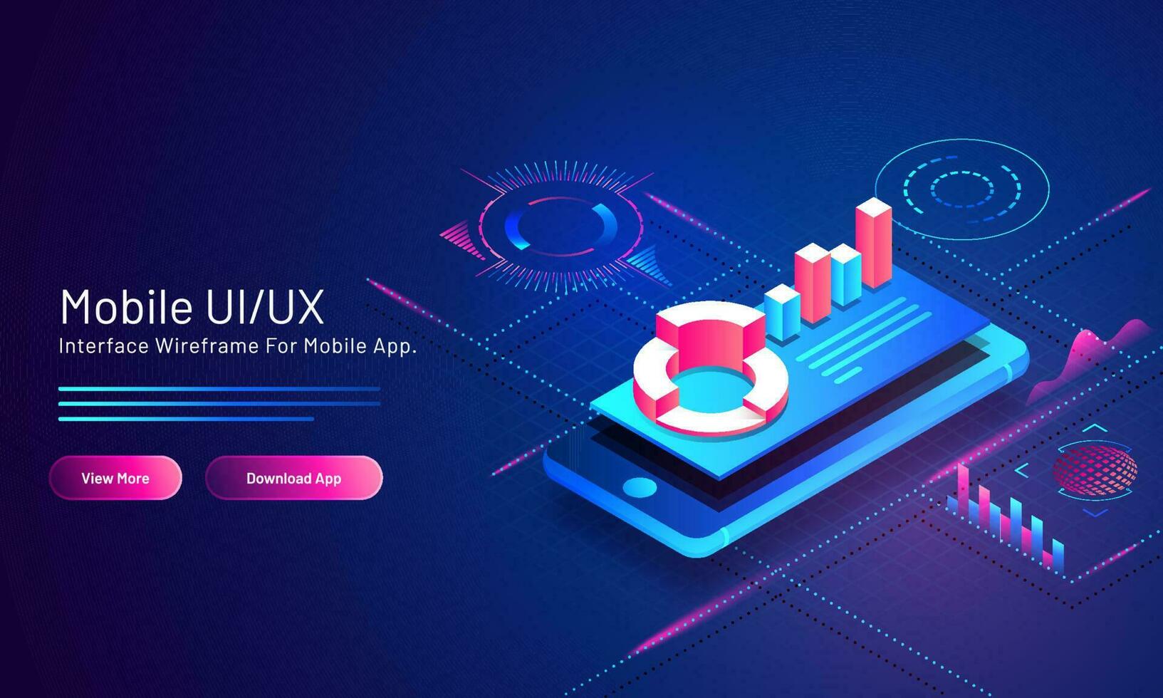 Mobile UI UX concept based isometric landing page design with financial info graphic app in smart phone on blue digital background. vector