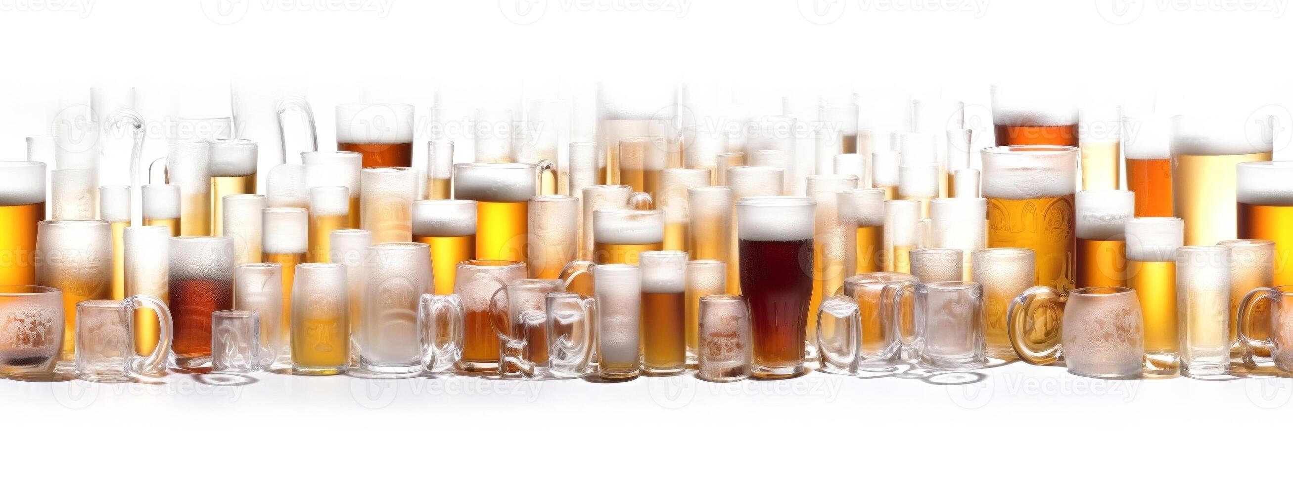 Seamless Tileable Rows of Glasses and Mugs of Beer on a White Background - . Seamlessly expandable on both ends to your desired length. photo