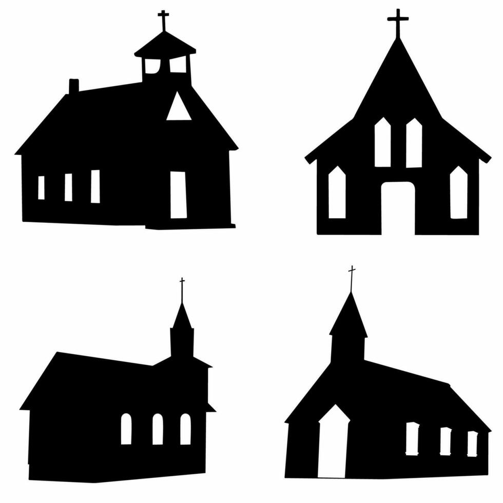 Big set of Church silhouettes. Vector illustration of religious architecture building silhouette on white background. Icon church, logo