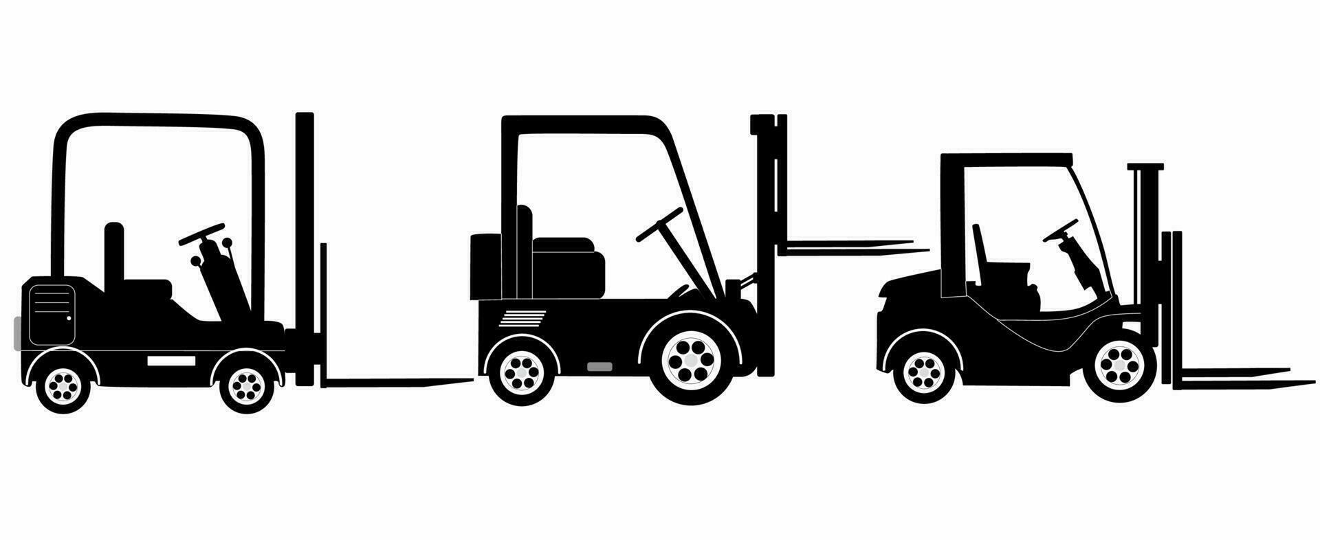 Forklift silhouette set. Heavy construction machine, logo, icon vector