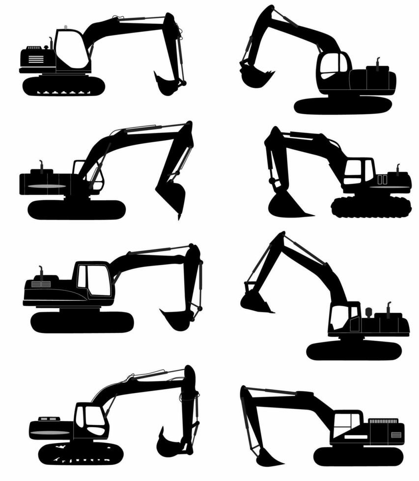 Backhoe excavator Logo element vector silhouette set. Vector silhouette of heavy equipment excavator