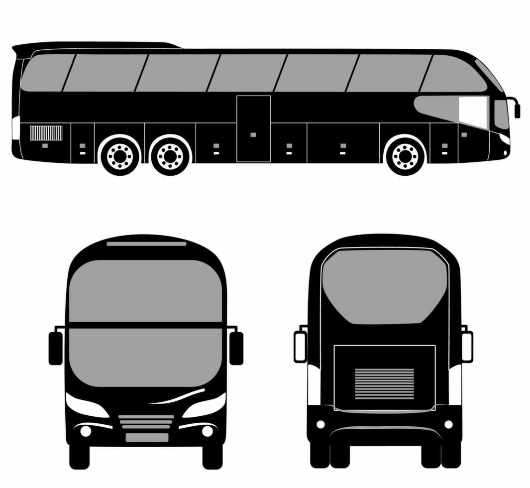 City bus silhouette with. Vehicle icons set the view from side, front and rear vector