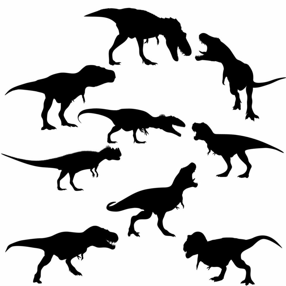 vector siluetas de triceratops o tirano saurio Rex, brontosaurio o pterodáctilo y estegosaurio, pteranodon o ceratosaurus y parasaurolophus reptil
