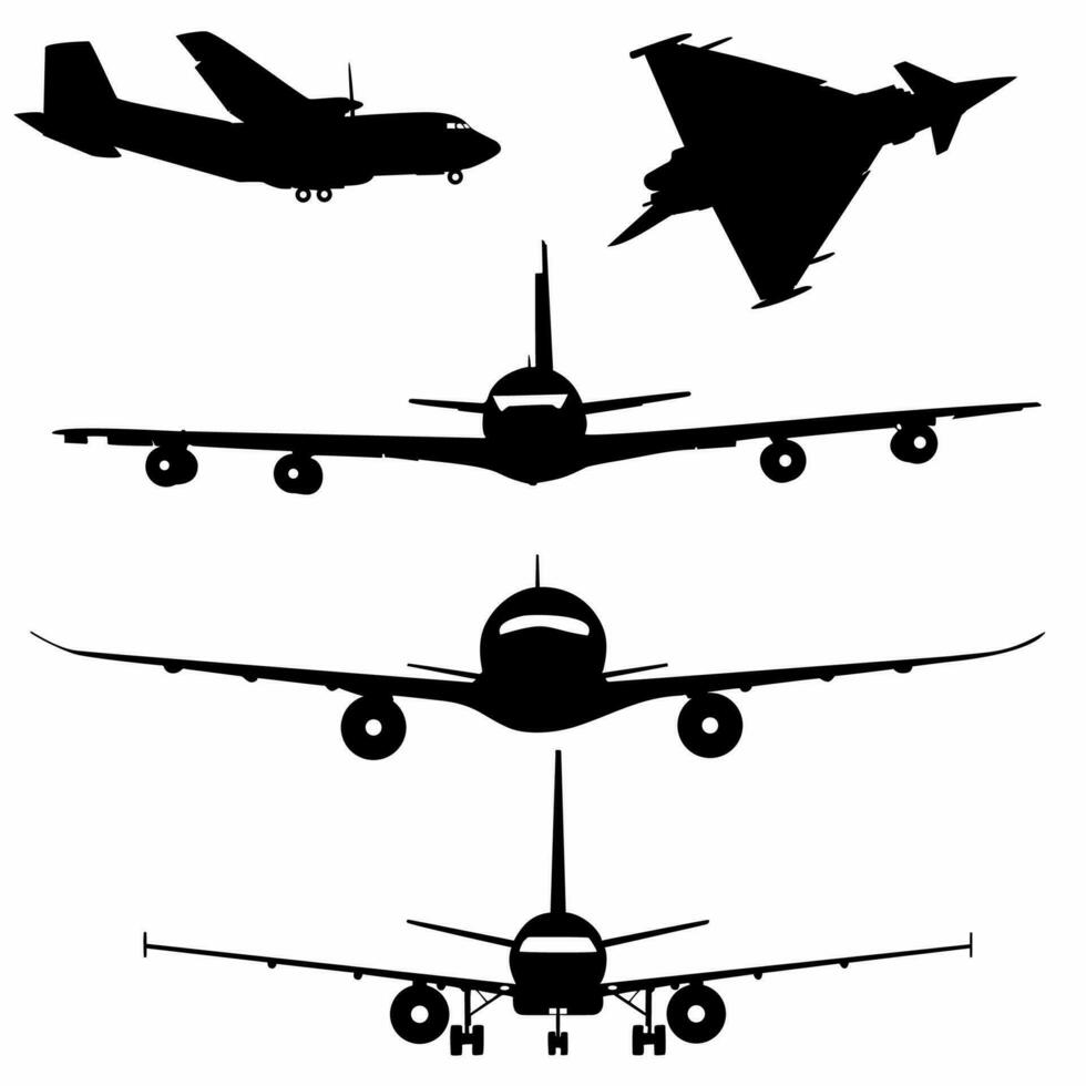 set of silhouettes of passenger airplane and military aircraft, logos, icons vector