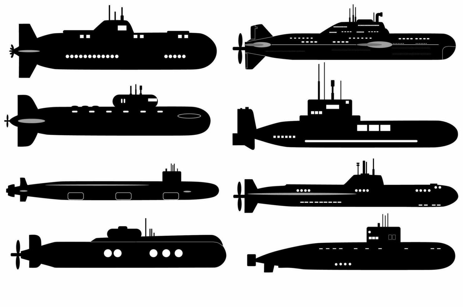 Submarine black silhouette set. Isolated on a white background. logos, icons vector