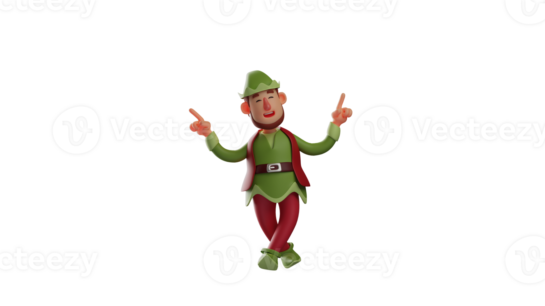 3D illustration. Adorable Elf 3D cartoon character. Elf pointed up. Elf bent and crossed his legs. Elf smiled at all who were looking at him. 3D cartoon character png
