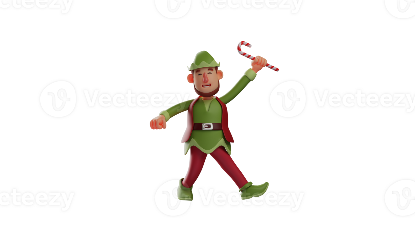 3D Illustration. The happy Elf 3D cartoon character. Elf with a walking pose. Elf holds a red and white stick candy and shows a cheerful expression. 3D cartoon character png