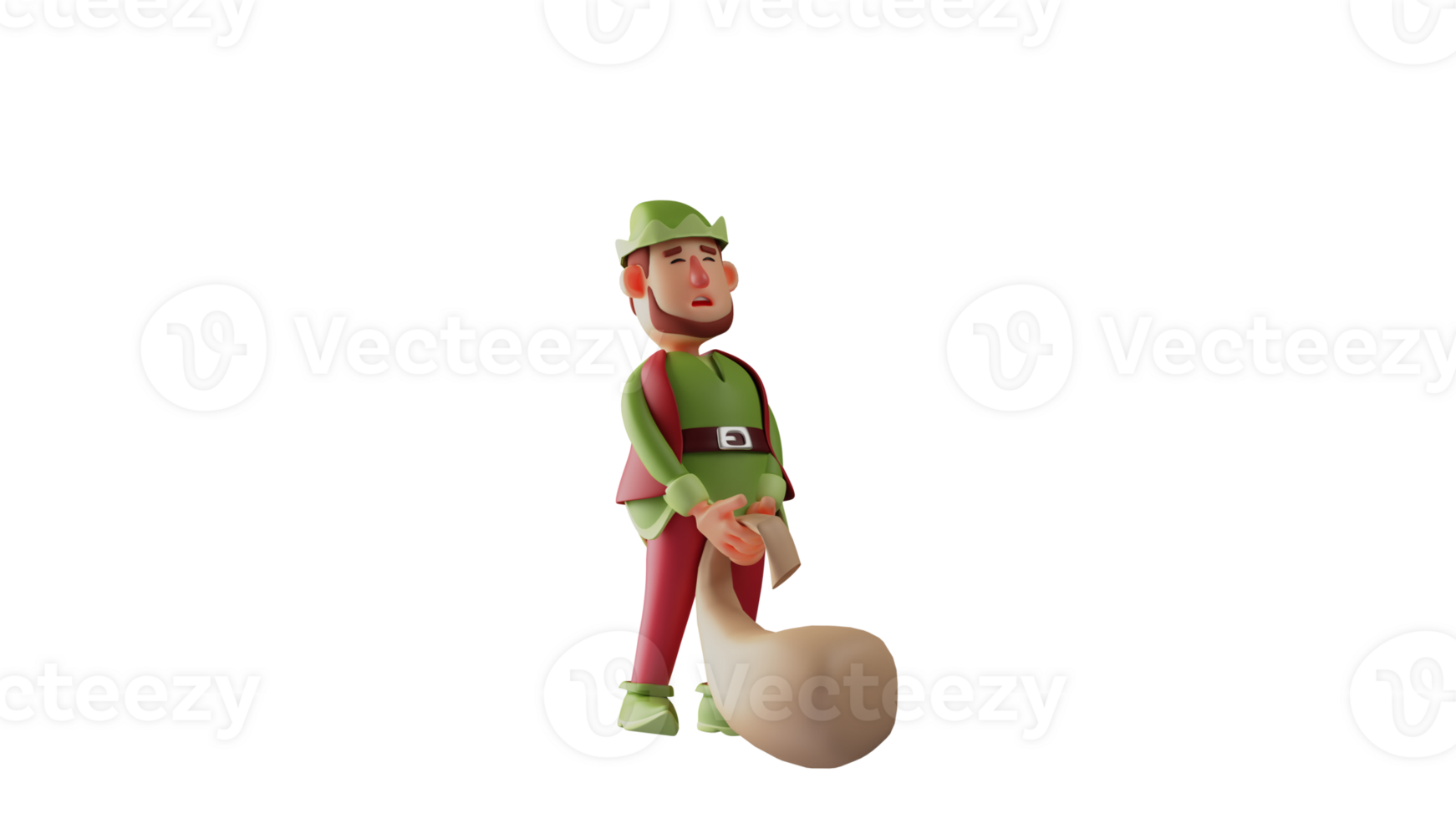 3D Illustration. Tired Elf 3D cartoon character. Elf pulled a sack containing many prizes. Elf is doing his job and showing exhausted expressions. 3D cartoon character png