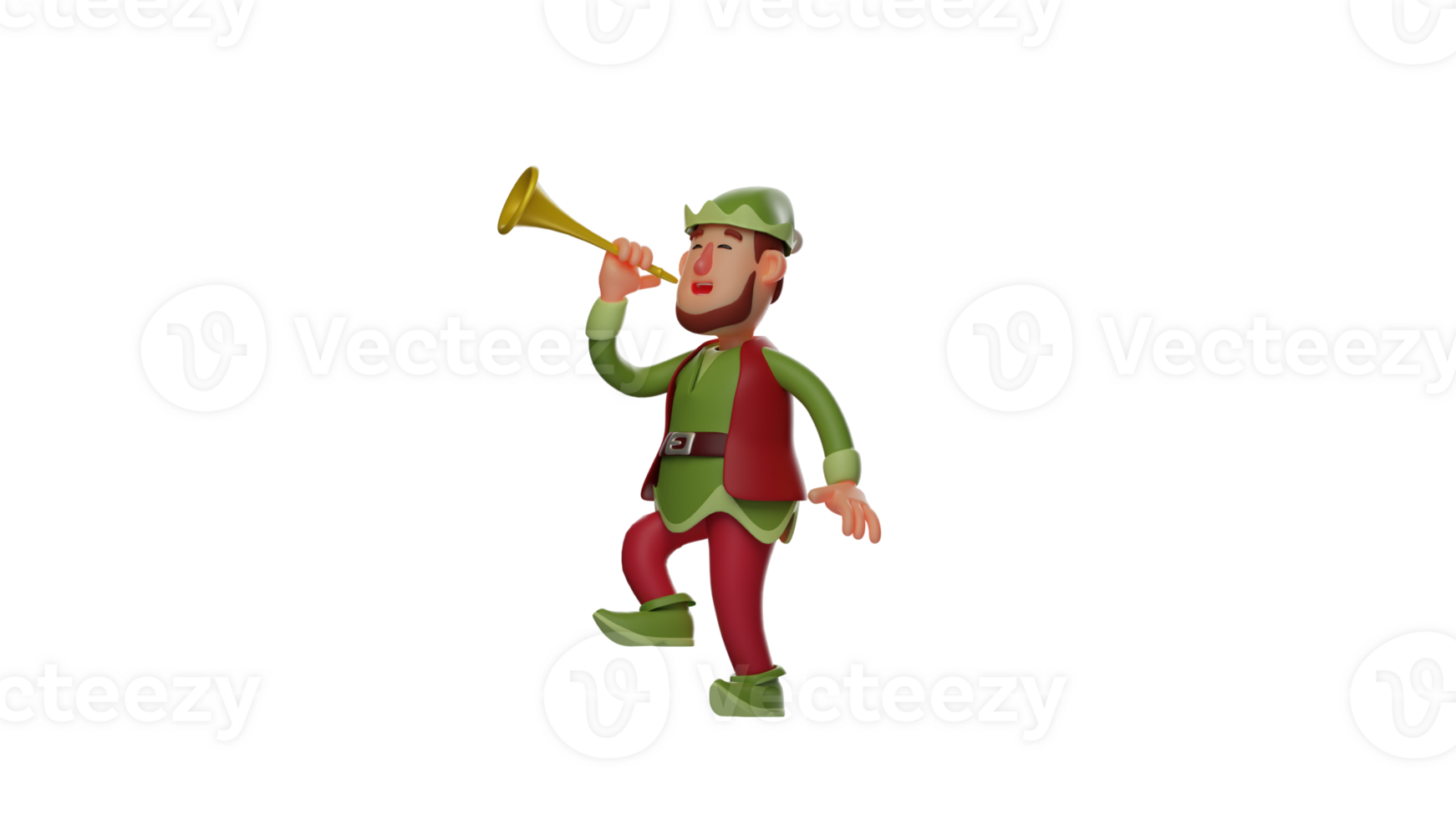 3d illustrazione. attraente elfo 3d cartone animato carattere. elfo è giocando il tromba con piacere. elfo saltato e mostrato il suo espressione quello era molto contento. 3d cartone animato personaggio png
