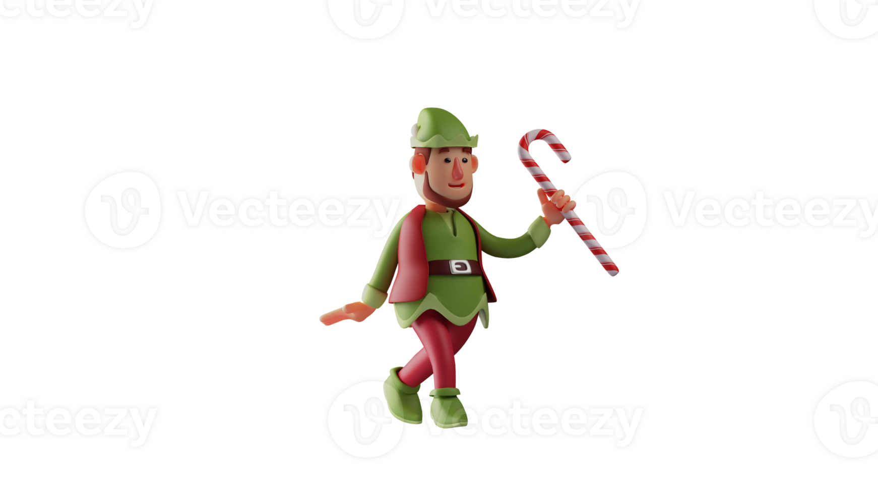 3D Illustration. Funny Elf 3D cartoon character. Elf is giving a show. Elf walked slowly while carrying a candy stick. Elf smiled sweetly to all who saw him. 3D cartoon character png