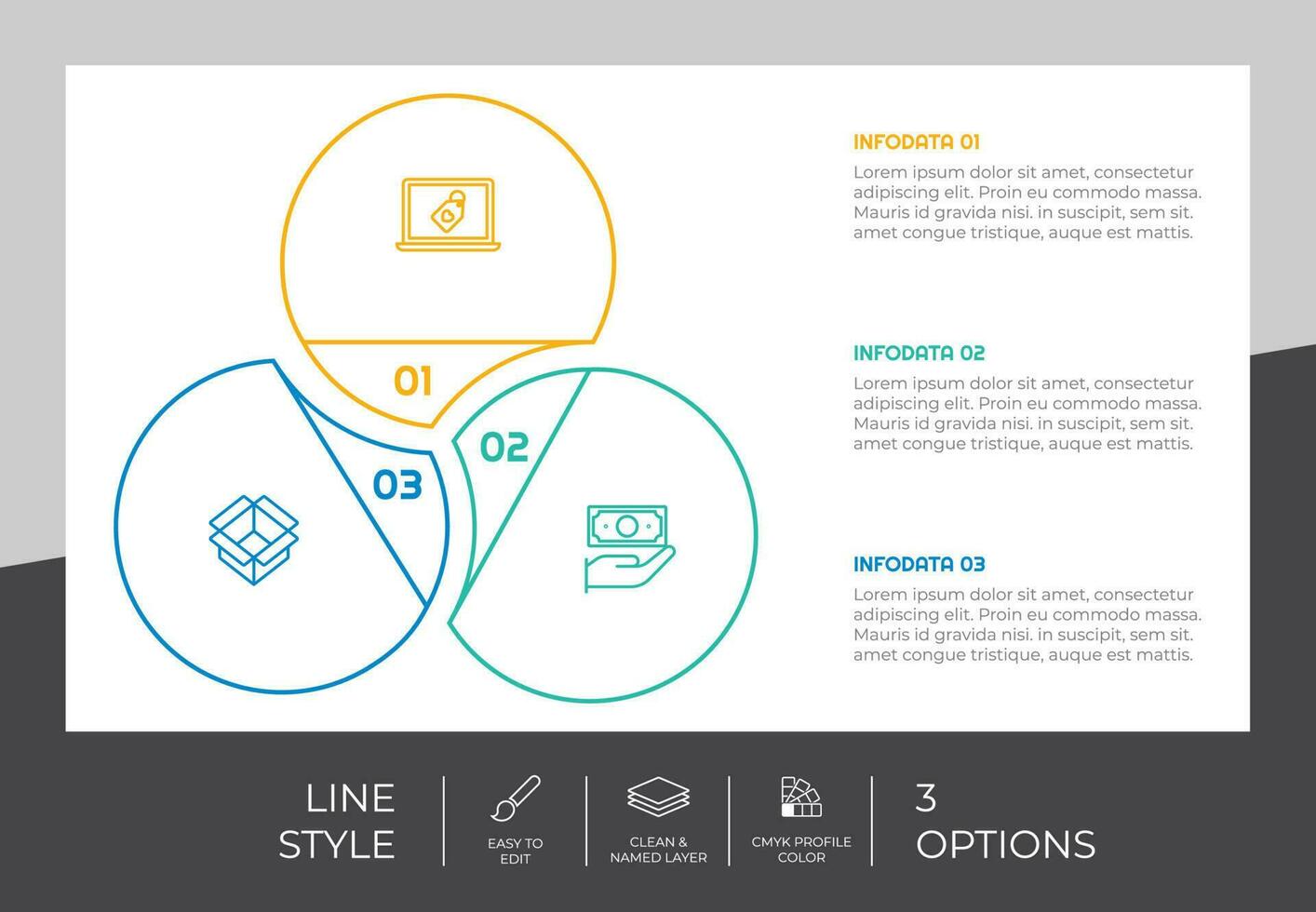 Circle option infographic vector design with 3 steps colorful style for presentation purpose.Line step infographic can be used for business and marketing