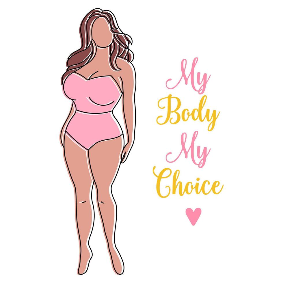 Silhouette of a woman in a swimsuit, sketch. My body, my choices. Body positive concept. Line art, vector