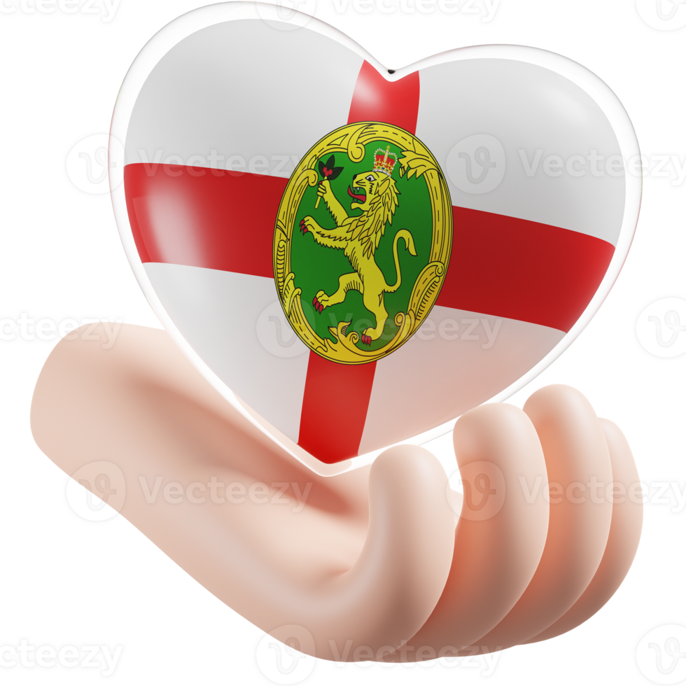 Alderney flag with heart hand care realistic 3d textured png