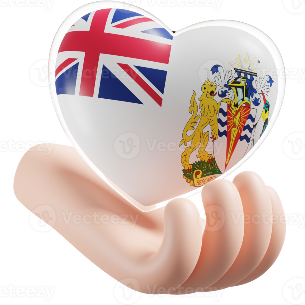 British Antarctic Territory flag with heart hand care realistic 3d textured png