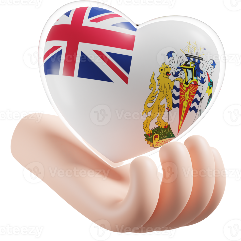 británico antártico territorio bandera con corazón mano cuidado realista 3d texturizado png