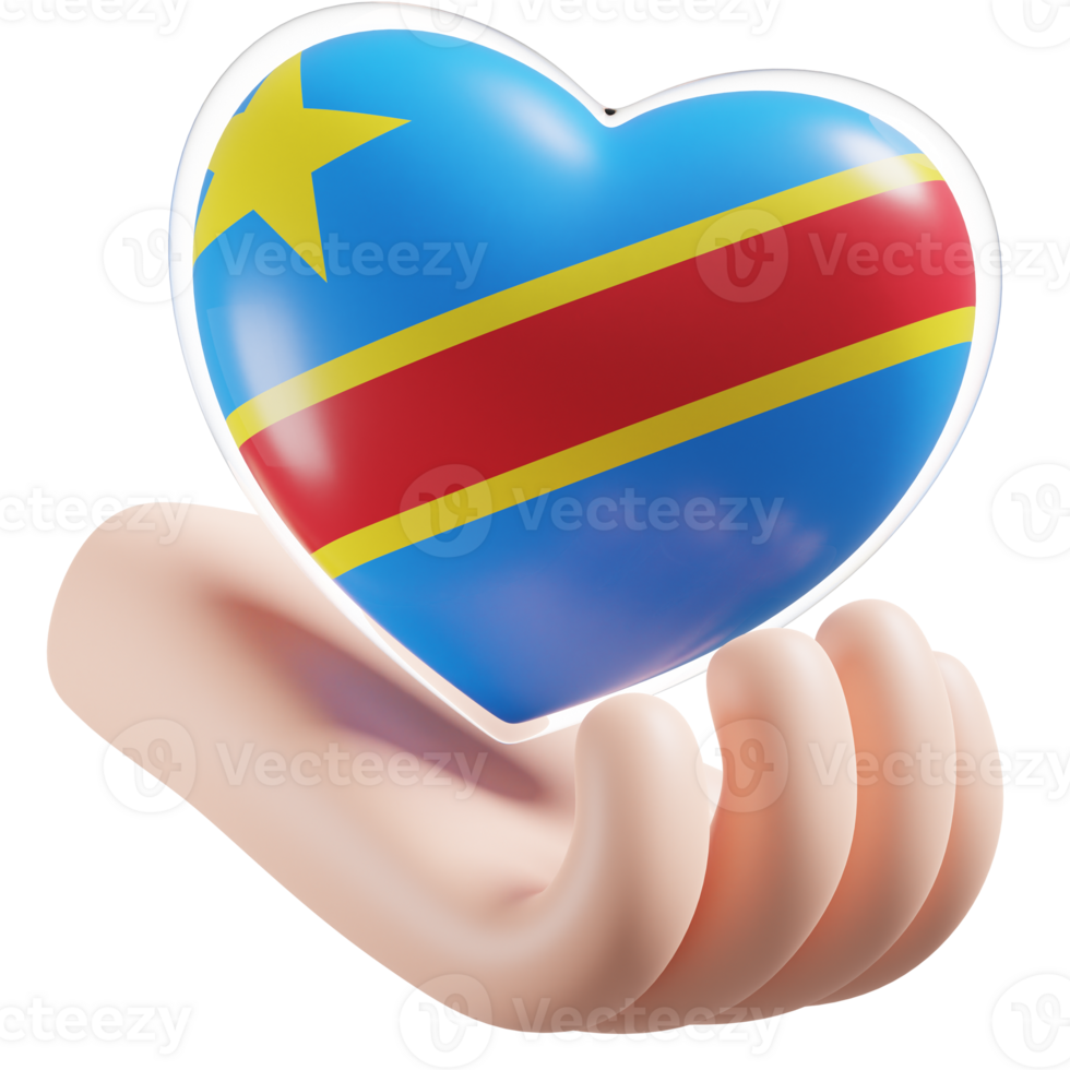 Democratic Republic of Congo flag with heart hand care realistic 3d textured png