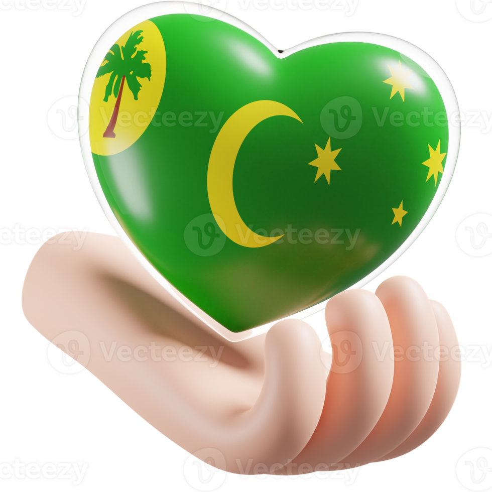 Cocos Keeling Islands flag with heart hand care realistic 3d textured png