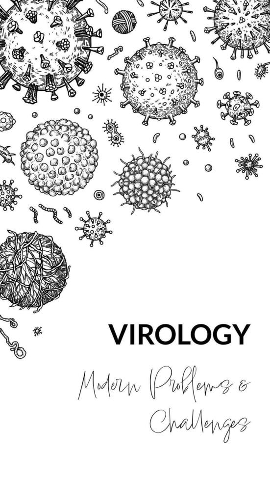 Virus vertical background in sketch style. Hand drawn bacteria, germ, microorganism. Microbiology scientific design. Vector illustration in sketch style