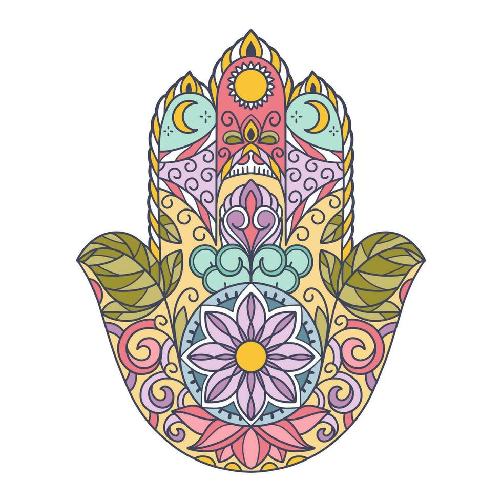 Fatima Hand colored Indian symbol. Khamsa, sacred eastern sign, good luck charm. Hamsa with all seeing eye. vector