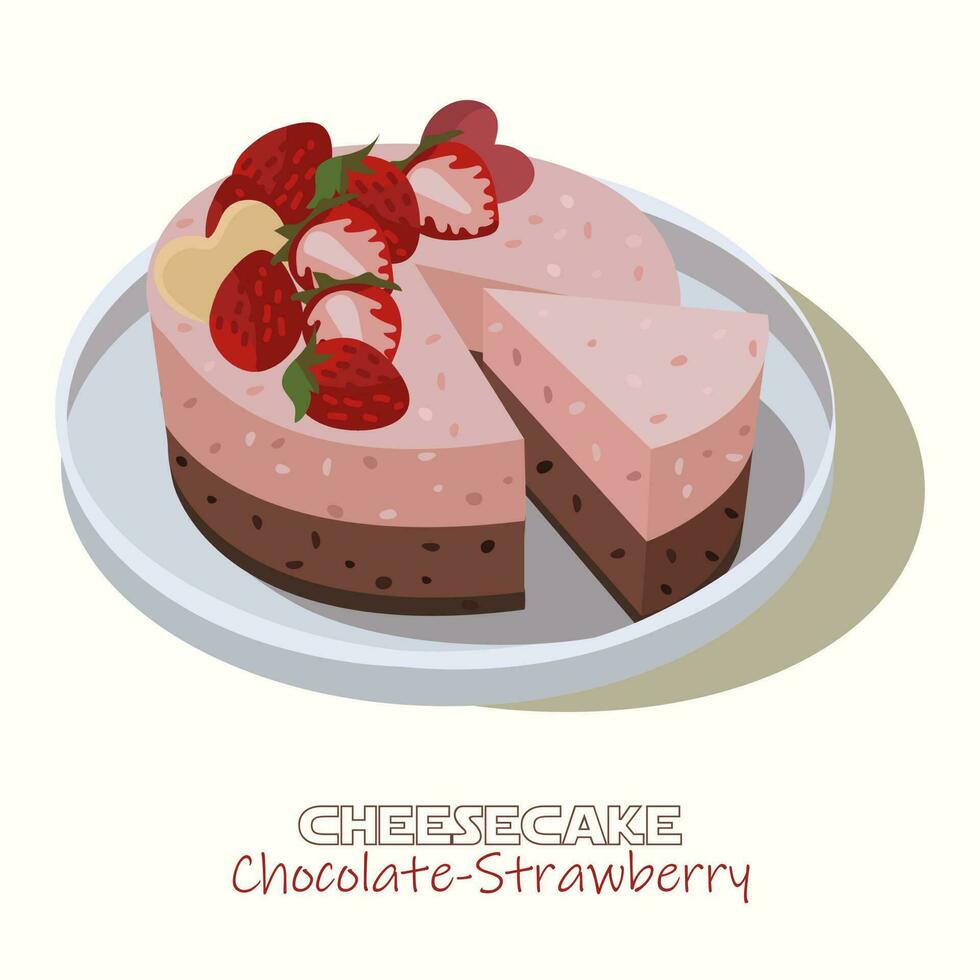 Sweet, delicious mini pie. Hand-drawn vector illustration in cartoon style. Chocolate strawberry cheesecake, a cake cut with strawberries on a plate. For greeting cards, restaurant and bakery menus.