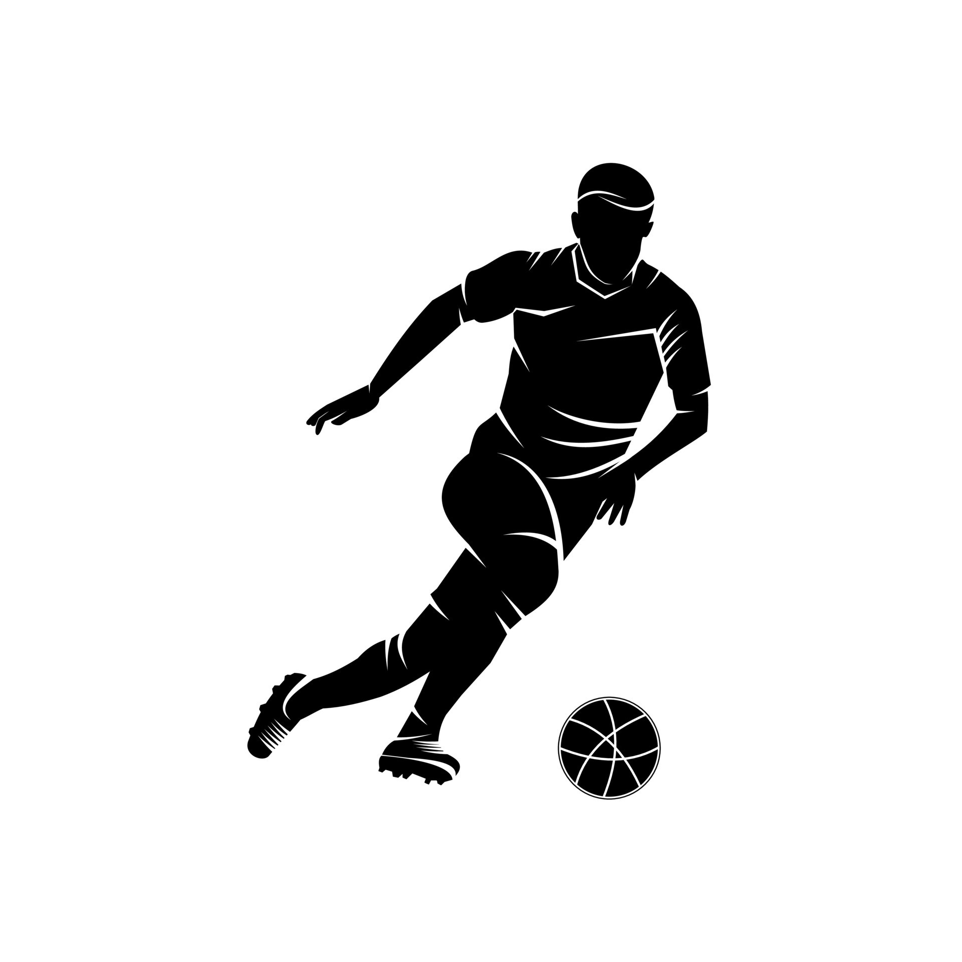 Vector football, soccer player silhouette with ball isolated. Suitable
