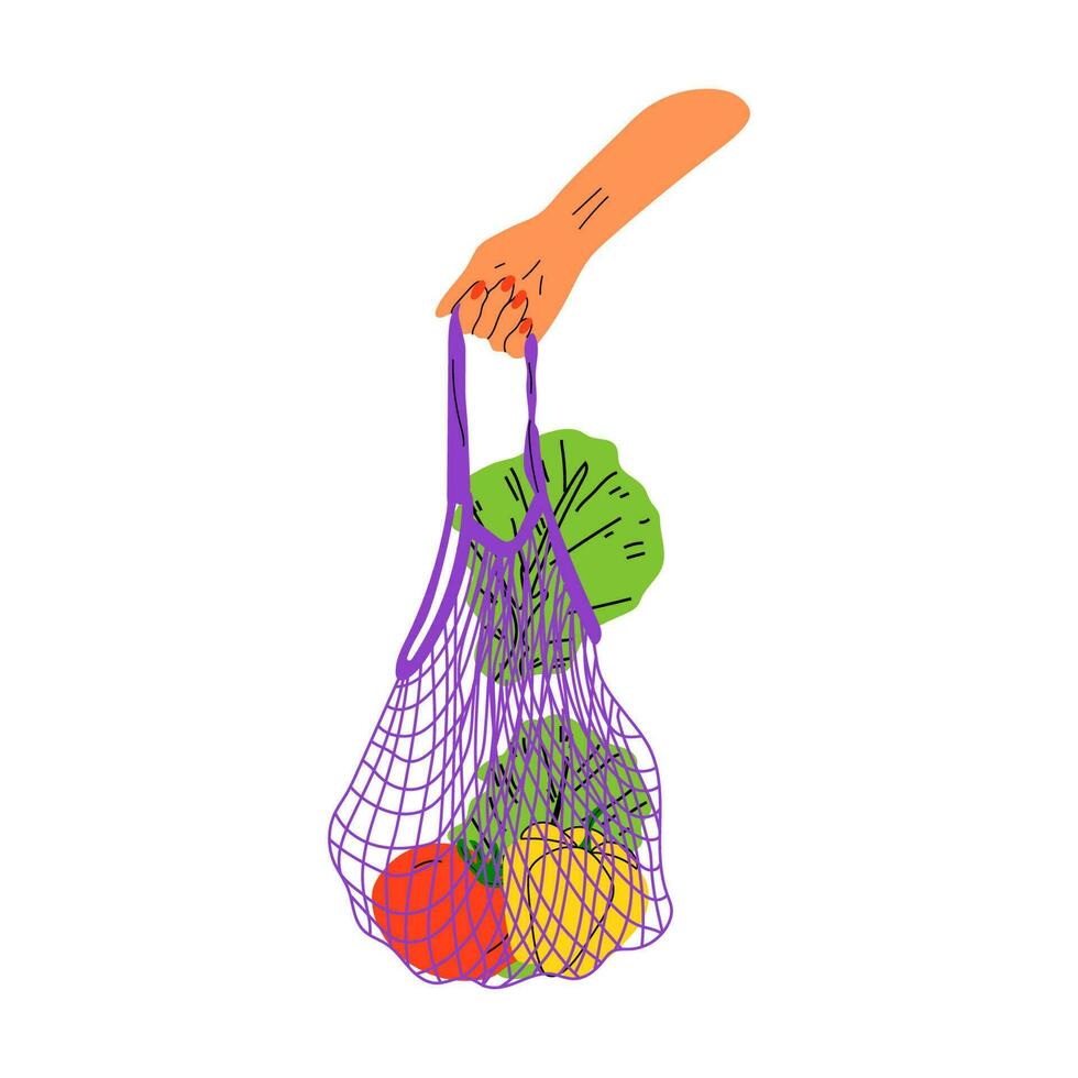 Hand hold eco bag. People bring own bag for grocery. Reusable plastic free pack with food. Zero waste products for shopping vector concept. Eco bag shopper, organic green ecological illustration