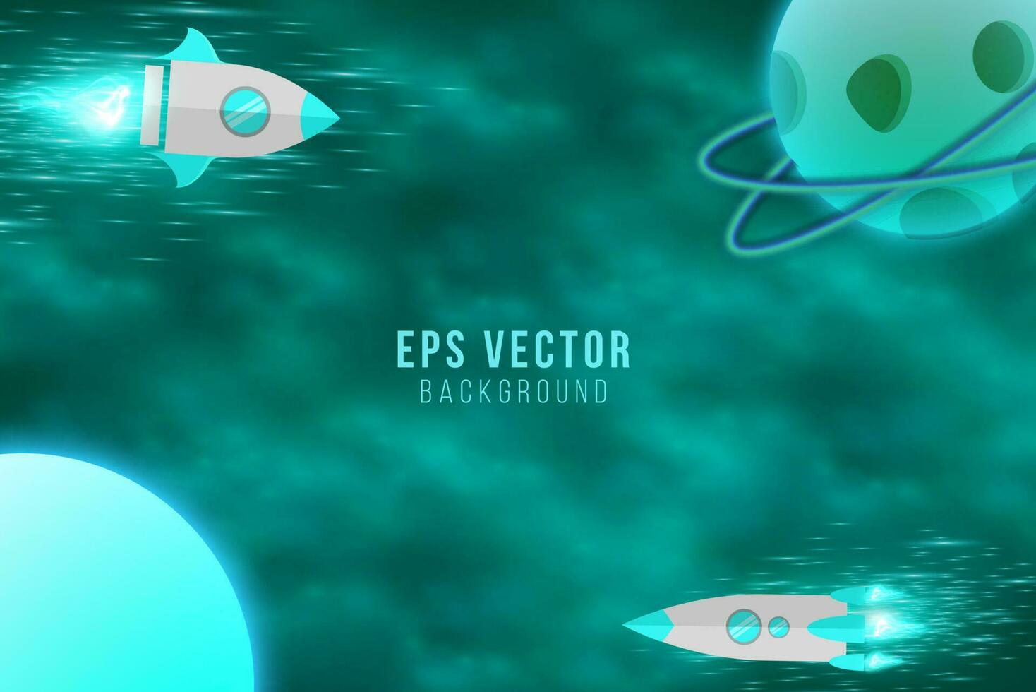 Green turquoise or teal planets in outer space with satellites, falling meteor and asteroids in dark starry sky. Galaxy, cosmos, universe futuristic fantasy vector