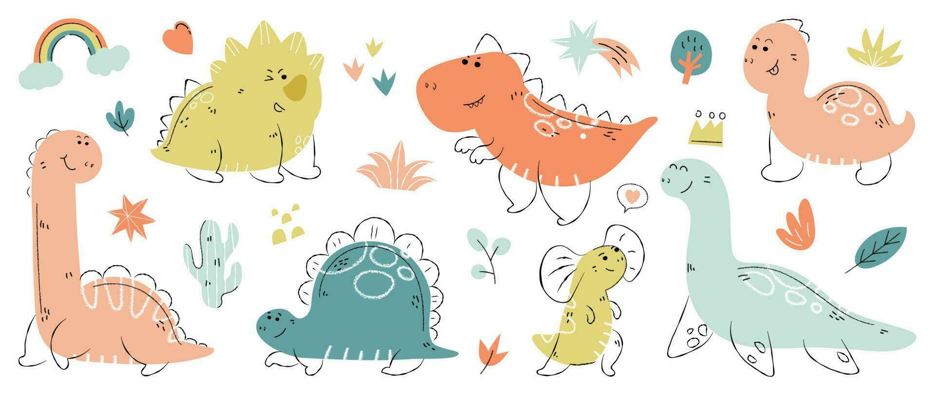 Cute dinosaurs vector set. Hand drawn doodle triceratops, stegosaurus, tyrannosaurus, diplodocus, plesiosaurus. Dinosaur comic character design for kid, print, clothes, poster, education, edutainment.