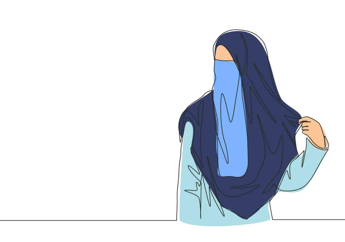 One single line drawing of young attractive Asian muslimah wearing burqa while holding her veil. Traditional beauty Arabian woman niqab cloth concept continuous line draw design vector illustration