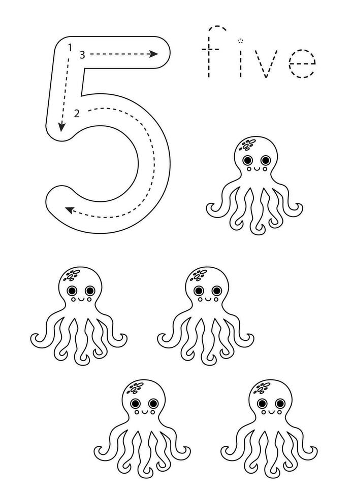 Flashcard number 5. Preschool worksheet. Black and white octopuses ...