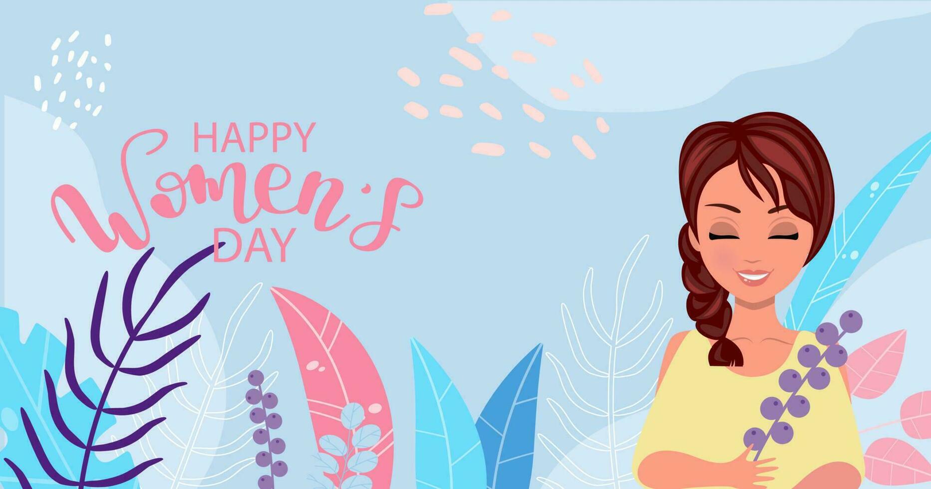 March 8, International Women's Day. Cute girl with red hair. Vector template with an inscription. Vector illustration.