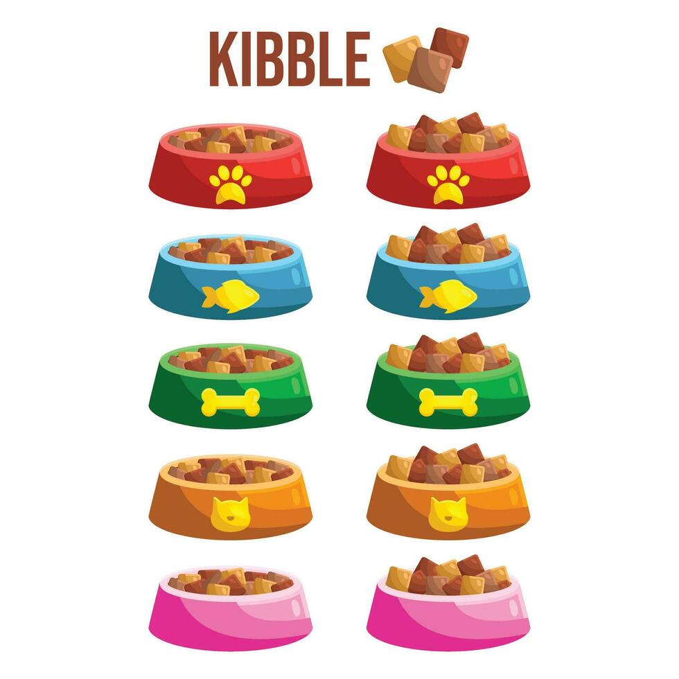 Cat and dog food pet bowl. Cute Cartoon vector illustration pet feed containers, bowl or plate . Home animals wet and dry food meal. Round, bones, square kibble.