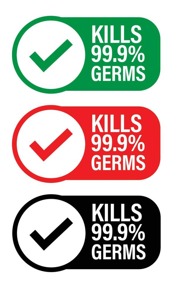 kills 99.9 germs vector icon with tick mark