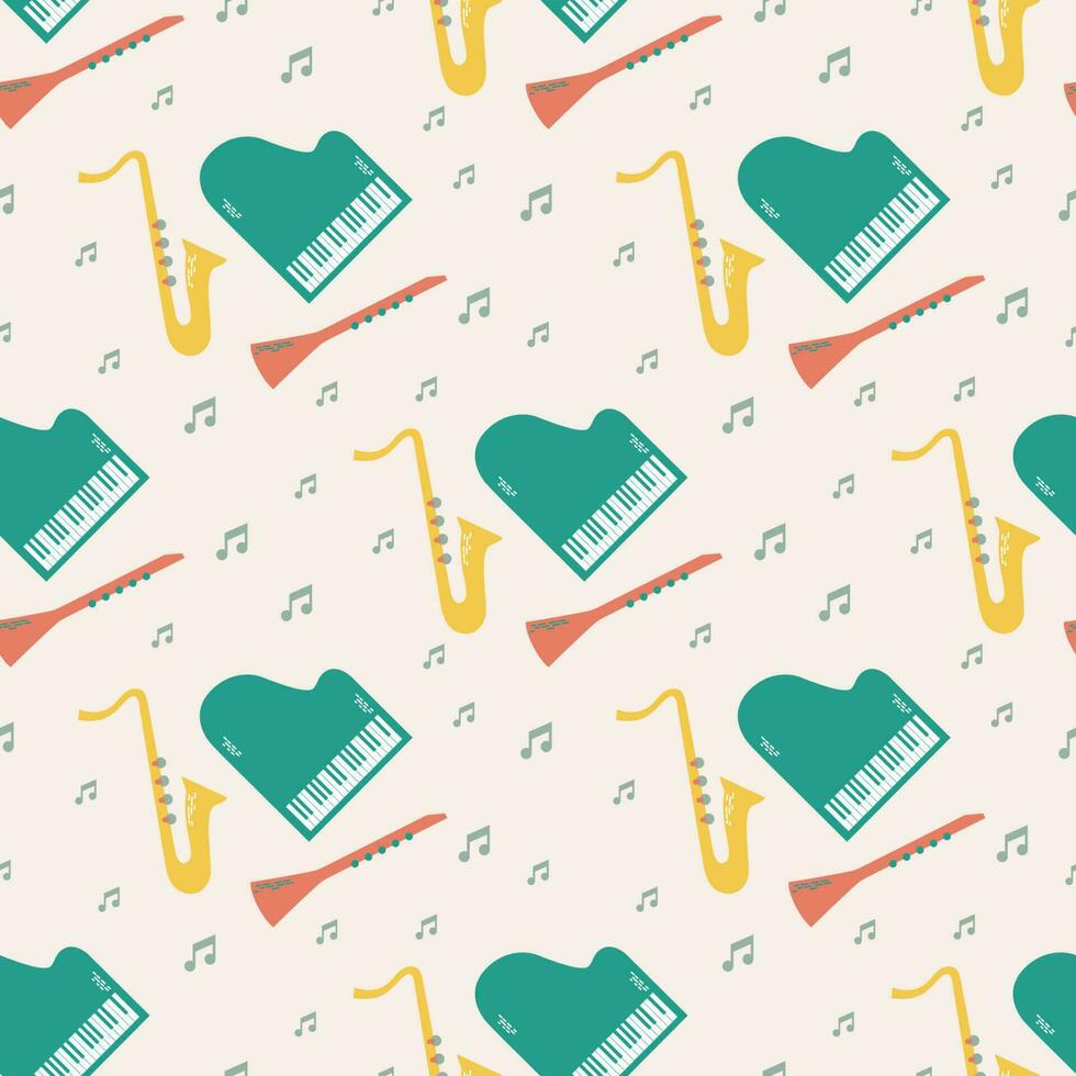 Vector seamless pattern of musical jazz instruments with notes. Isolated on beige background orchectra - piano, saxophone, clarinet.