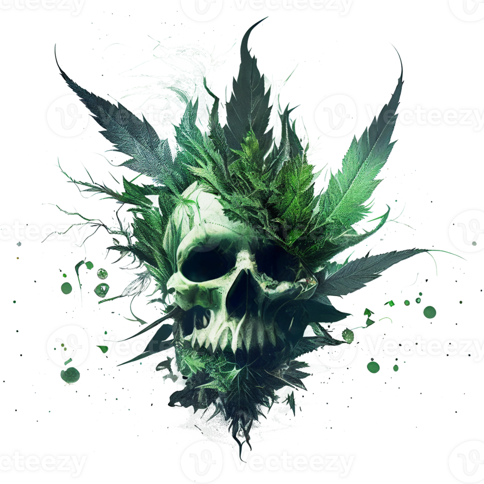 Skull head with cannabis leaves, Green skull. Evil skeleton head, Marijuana skul, . png