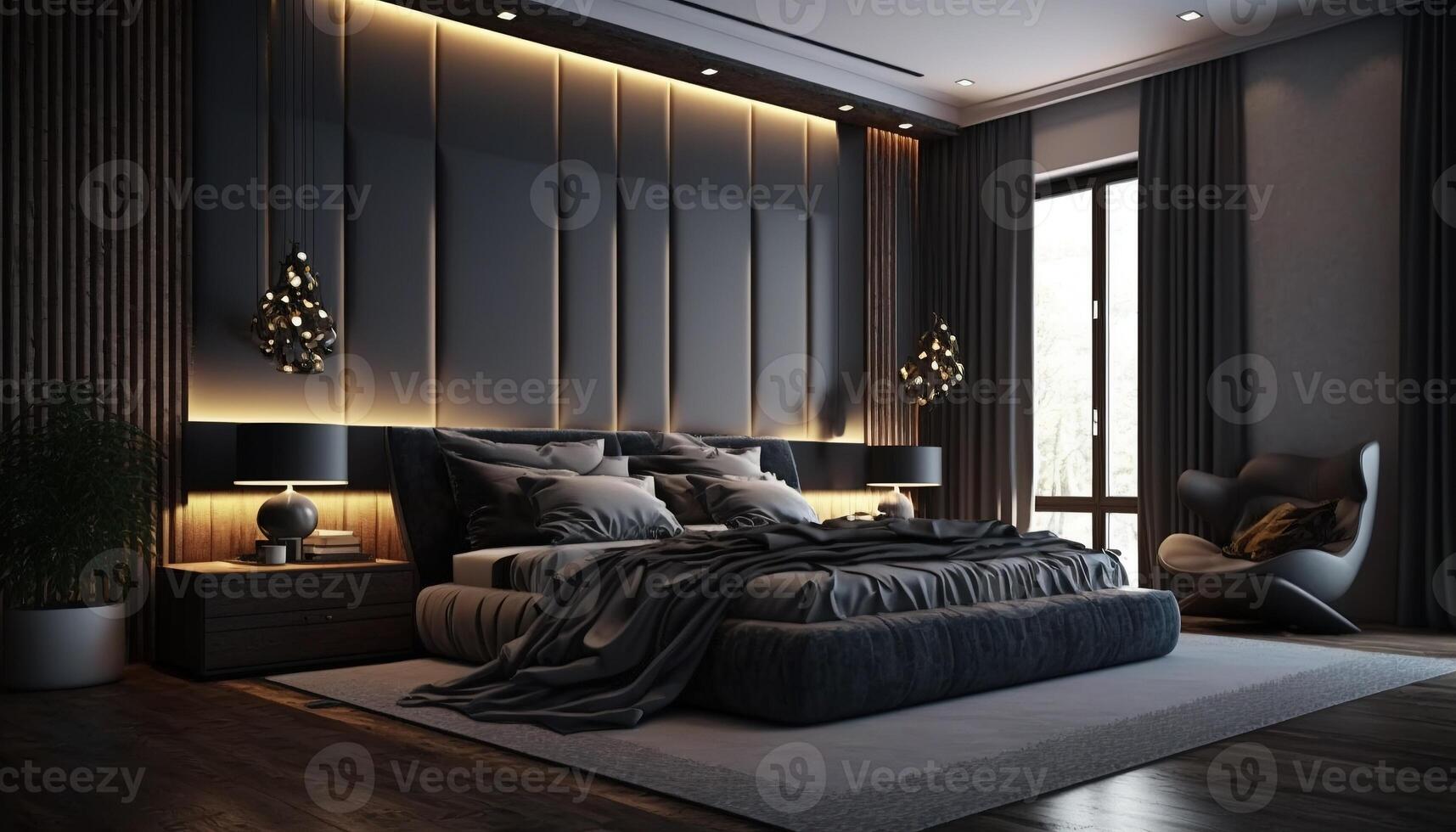 Modern stylis,h interior of the hotel room, a large sleeping bed in dark tones in daylight, . photo