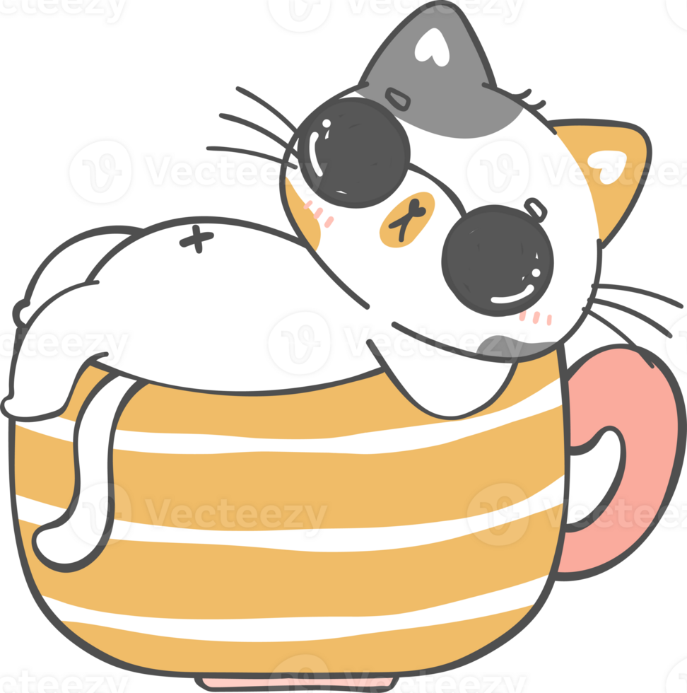 Funny playful cat in coffee cup cartoon doodle hand drawing png