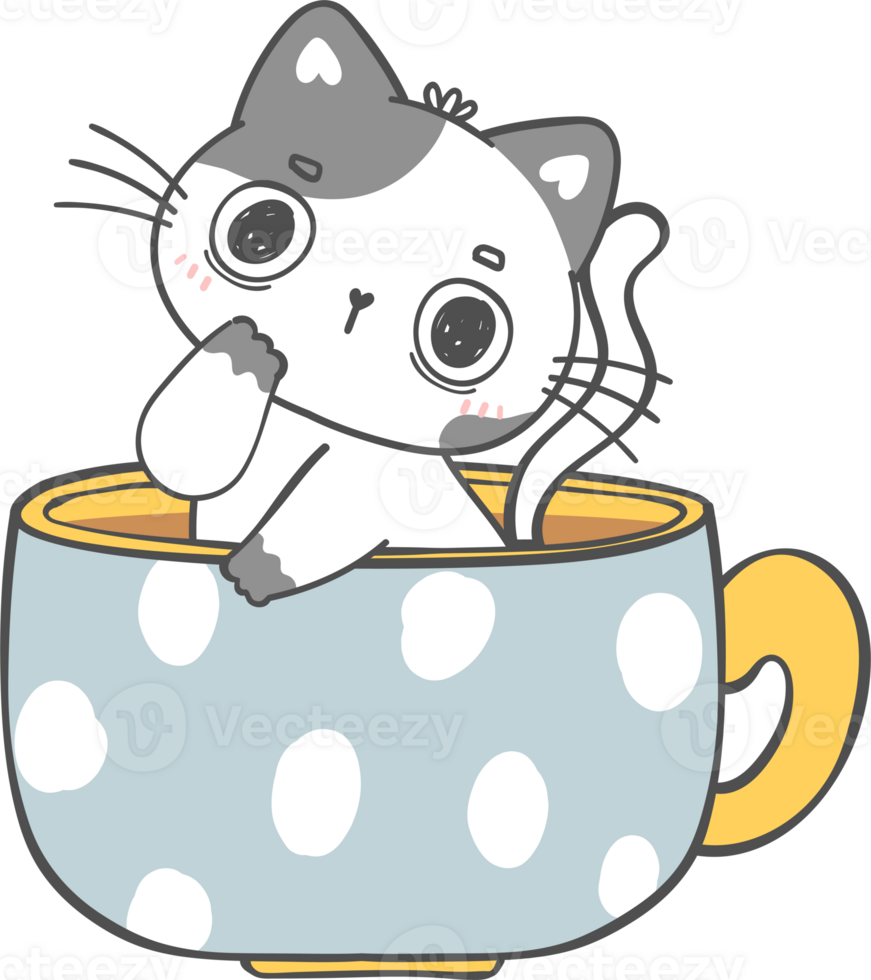 Funny playful cat in coffee cup cartoon doodle hand drawing png
