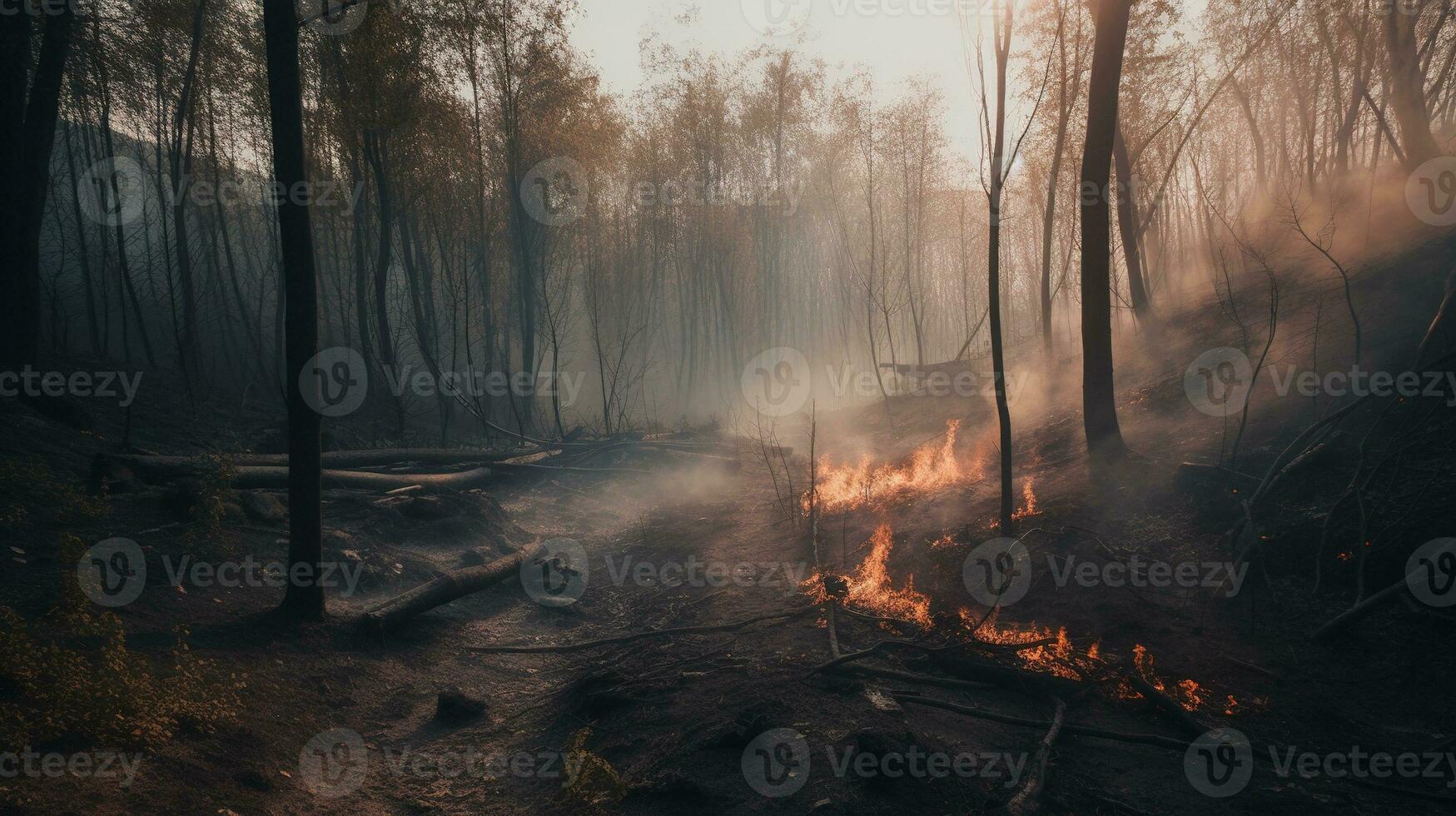 Forest fire in the forest. The concept of disaster and ecology,Burning dry grass and trees in the forest photo