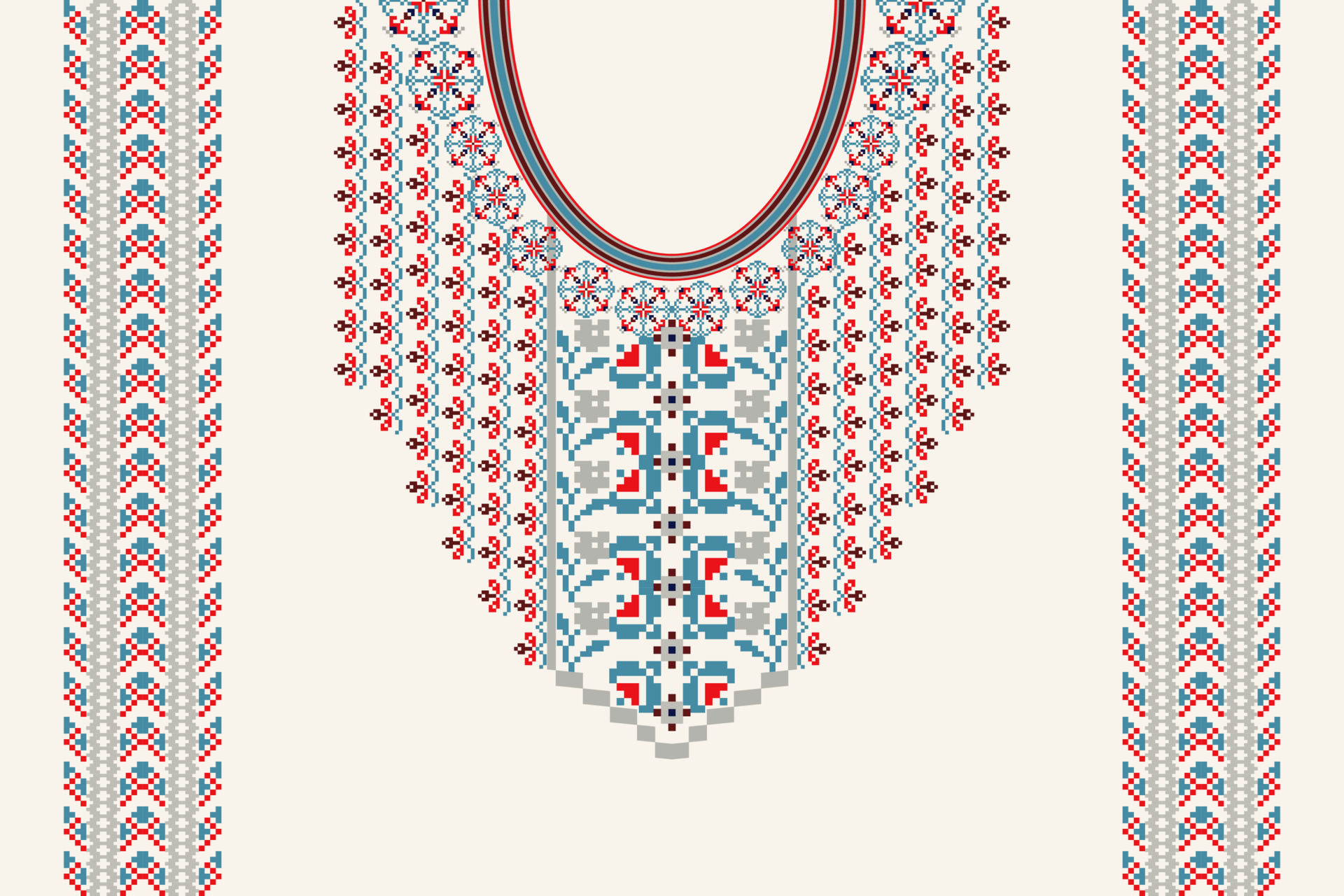 Neckline floral cross stitch embroidery on white background.boho