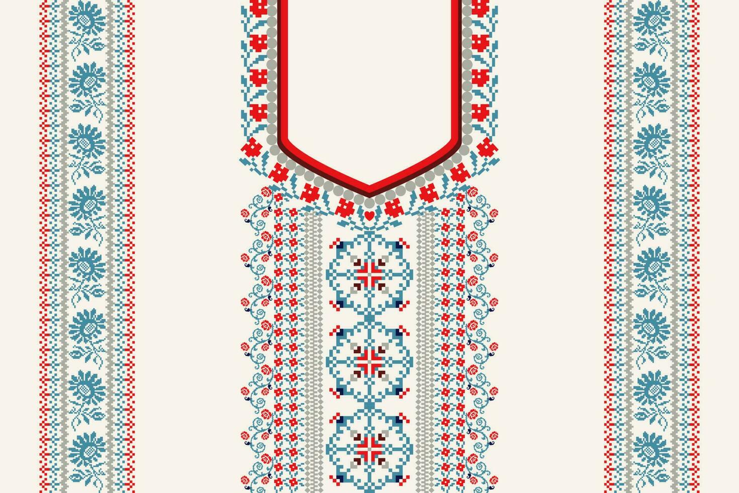Neckline floral cross stitch embroidery on white background.boho neckline orientalist pattern traditional.Aztec style abstract illustration.design for texture,fabric,fashion women wearing,clothing. vector